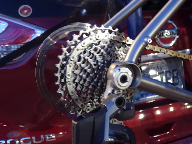 Close-up of the cassette and rear derailleur, bike loaded on the car before the Redbud Ride